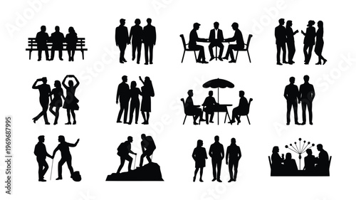 Black silhouettes of diverse groups of people engaging in various activities like sitting standing hiking celebrating and socializing in outdoor and indoor settings depicted