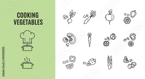 Simple line art vector graphic illustration depicting various cooking vegetables, prepared ingredients, and kitchen items for healthy meal preparation.