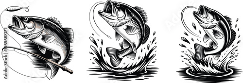 Retro fishing illustration vector with bass fish and fisherman design.