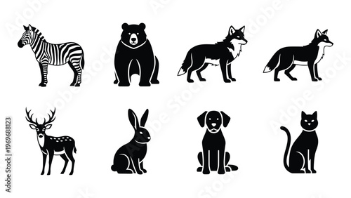 A collection of diverse animal figures including a zebra bear wolf deer and cat presented in stark silhouette high quality professional