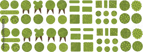 Landscape design elements set with trees, bushes, hedges and potted plants flat vector collection for garden planning illustration