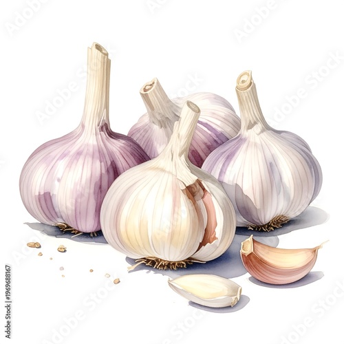 A colorful illustration of several bulbs of garlic