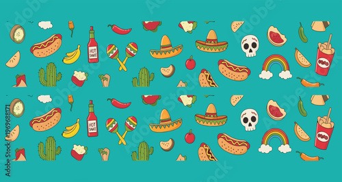 Mexican food seamless pattern with tacos hotdogs sombrero cactus chili and rainbow, colorful cartoon vector illustration background