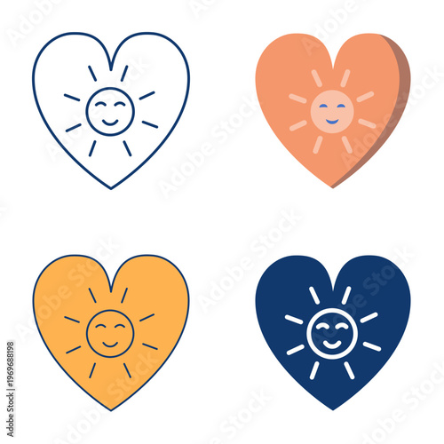 Heart with shining sun flat and line icon set