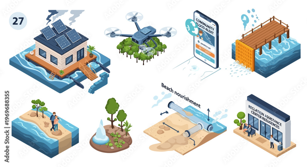 Naklejka premium Isometric environmental concepts illustration showing sustainability, climate change impact, water management, and eco-friendly solutions.
