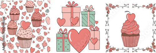 Romantic cupcake and hearts collection with gift boxes and floral frames, Valentine love theme cartoon vector illustration set