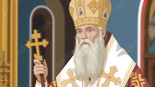 Elderly bearded bishop in golden crown holding cross in church doorway with blue background