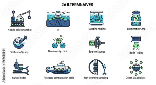 Set of line art icons: marine technology, underwater robots, oceanographic research, exploration, sustainable resources, and scientific innovation.