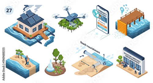 Isometric environmental concepts illustration showing sustainability, climate change impact, water management, and eco-friendly solutions.