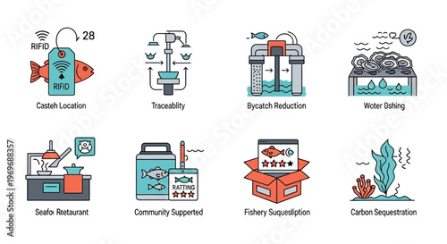 Sustainable Aquaculture and Fishing Icons Set: Modern Flat Design for Seafood Traceability, Bycatch Reduction, and Marine Conservation