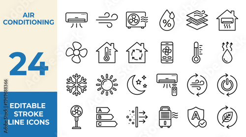Air Conditioning icon set. Containing fan, wind, blow, air conditioner, cooling appliance, cooling fan, air cleaner, climate control, heating and more. Editable line icons. Vector illustration.