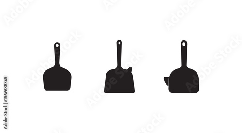 Three black silhouettes of different shaped scrapers with handles  kitchen utensils for cooking and scraping  isolated on white background