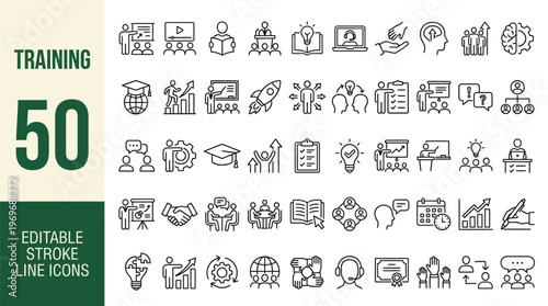 Training icon set. Containing coaching, workshop, education, seminar, advise, support, learning, webinar, skills, business and more. Editable line icons. Vector illustration.