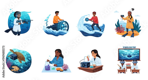 Marine science, oceanography and underwater exploration vector illustrations. Scientists researching marine life, lab studies, and tech education.