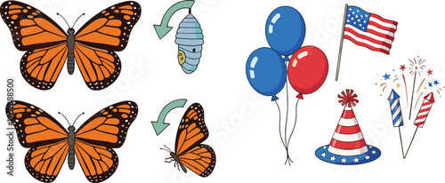 Monarch butterfly life cycle and USA Independence Day elements with balloons flag and fireworks cartoon vector illustration set