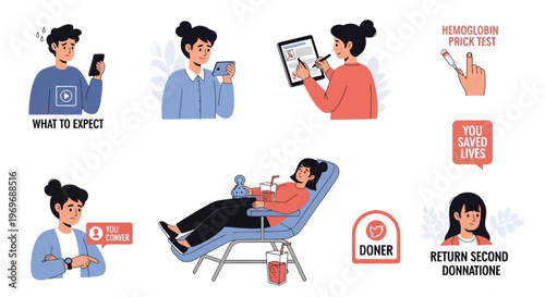 Blood Donation Process Illustrations Set: Donor Journey, Screening, Saving Lives, and Information. Healthcare vector graphics.