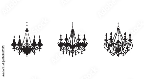 Three black silhouettes of hanging chandeliers with intricate designs and multiple light holders