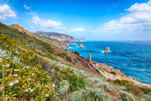 Remarkable spring view of ancient ruins of Laveria Lamarmora (Miniera di Nebida).