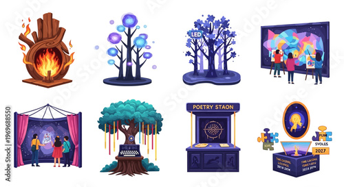 Interactive art installations and digital exhibition concepts. Futuristic public art, immersive experiences, fantasy displays, and modern cultural events.