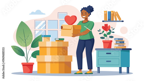 Woman holds box with heart while surrounded by plants and books in bright indoor space, showing care and organization in her work