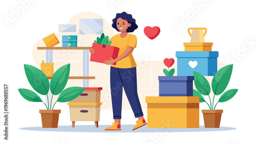 Woman carries a plant while arranging boxes and plants in a bright indoor space in the afternoon