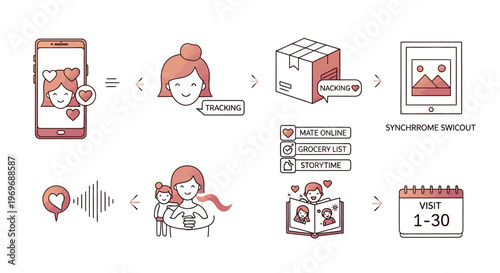 Digital Customer Journey and Online Tracking Infographic. Social Media Engagement, E-commerce, Delivery, and User Interaction Process.