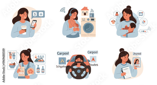 Modern woman's daily routine concept with various life situations, multitasking, motherhood, planning, and domestic activities. Busy female lifestyle.