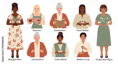 Diverse Maternal Figures and Types of Mothers Vector Illustration. Celebrating different women, family roles, and modern motherhood.