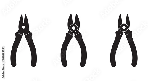 Three black silhouettes of different types of pliers on white background for tools and equipment concepts