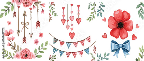 Romantic floral elements set with hearts arrows bunting and flowers, love themed decorative vector illustration collection for wedding design