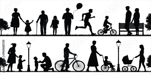 Silhouettes of families and individuals enjoying park activities and daily life Keywords: silhouette, family, people, park