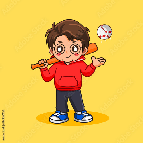 Cool Cartoon Boy Wearing Hoodie Pose with Baseball Bat Vector Illustration 