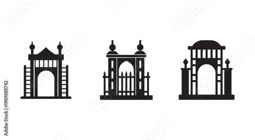 Three black silhouettes of indian style gates and arches with different designs  architectural elements