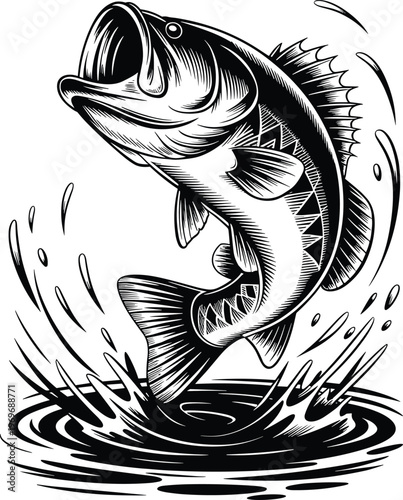 Retro fishing illustration vector with bass fish and fisherman design.