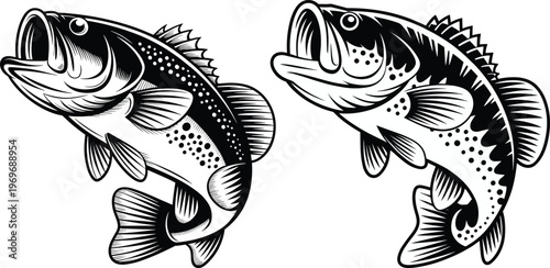 Retro fishing illustration vector with bass fish and fisherman design.