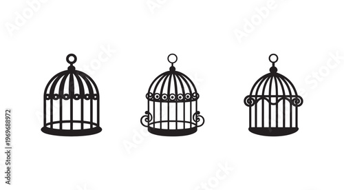 Three black silhouettes of ornate bird cages with domed tops and bars  various decorative elements  no background