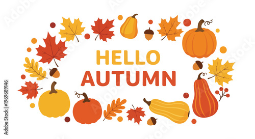 Flat lay of a vibrant 'HELLO AUTUMN' graphic surrounded by colorful fall elements on a clean white background.