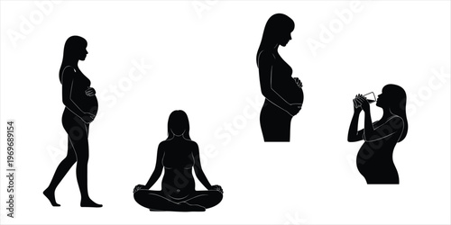 Silhouettes of Pregnant Women in Various Poses on White Background pregnancy woman