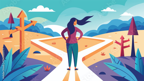 Woman stands at a crossroads in a colorful landscape with trees and clouds during a bright day