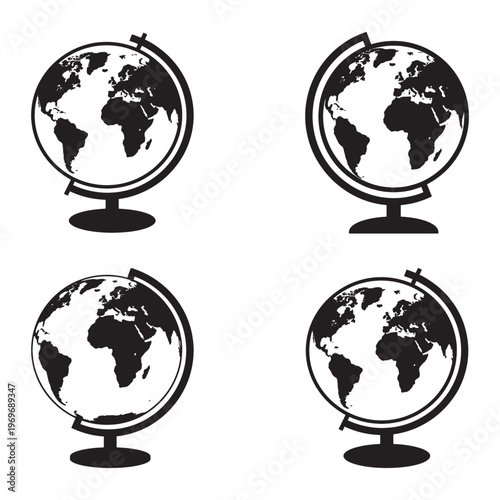 four black and white illustrations of globes on a white background, each showing the continents in black and the oceans in white, with a black stand and ring around the globe