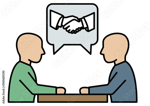 Dos personas sentadas frente a frente en una mesa llegando a un acuerdo representado por un apretón de manos en un globo de texto