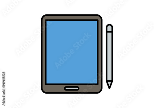 Icono de una tableta digital con pantalla azul y lápiz óptico para dibujo y diseño creativo