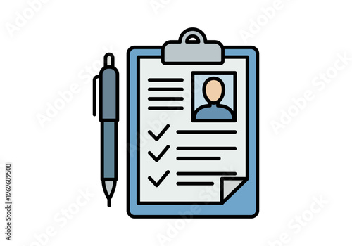 Icono de una carpeta de portapapeles azul con currículum vitae y un bolígrafo al lado