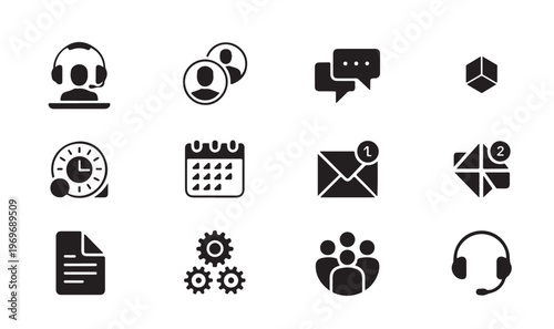 Set of twelve black and white vector icons representing business and communication concepts
