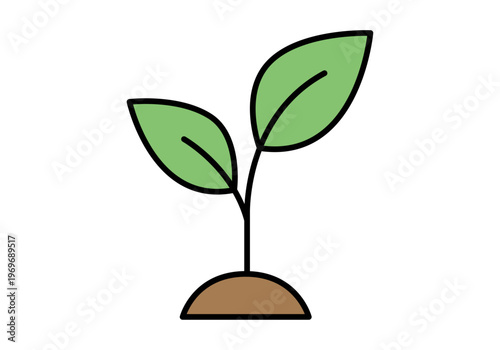 Icono de una pequeña planta con dos hojas verdes brotando de la tierra que simboliza el crecimiento y la ecología