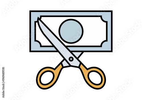 Icono de unas tijeras cortando un billete de dinero que simboliza la reducción de costes o ahorro financiero
