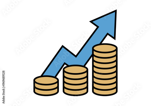 Icono de tres pilas de monedas de oro con una flecha azul ascendente que representa el crecimiento financiero