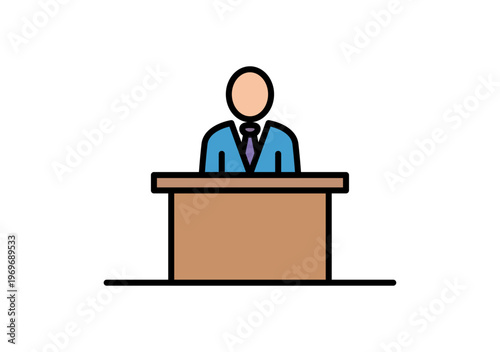 Icono de un empresario con traje azul y corbata sentado tras un escritorio de oficina