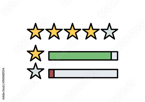 Icono de sistema de calificación de cinco estrellas con barras de progreso de color verde y rojo