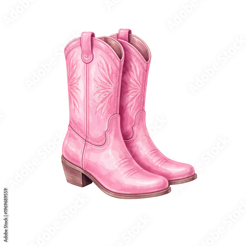 A charming watercolor illustration of pink cowboy boots featuring western fashion footwear with decorative stitching illustrated in a stylish rustic style.